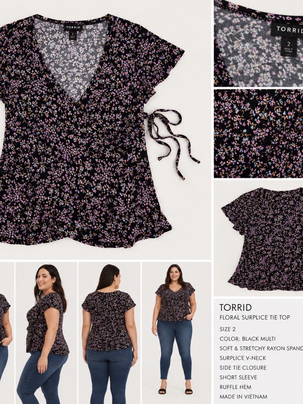 torrid Black Floral Surplice Tie-Front Blouse